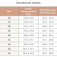 Barebound - Ikaros Barefoot Clog Size Chart