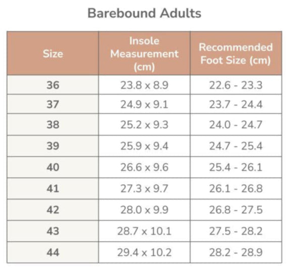 Barebound - Ikaros Barefoot Clog Size Chart